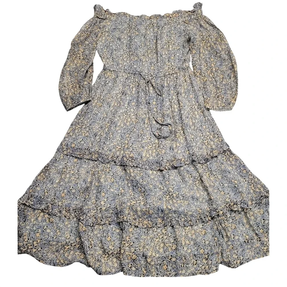 Anthropologie Blue Floral Metallic Off Shoulder Tiered Midi Dress NWT‎ Size 2